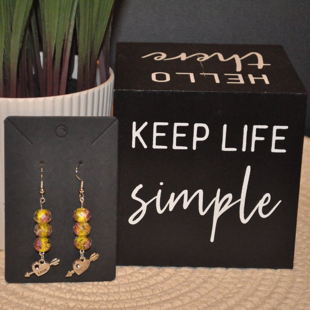 Iridescent Gold and Pink Drop Earrings with Heart Charm